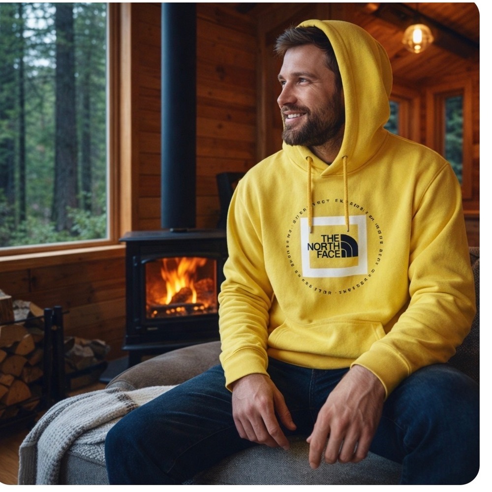 The‎ North Face Mens Med Geo Nse Hoodie Pullover Yellow Logo Pocket Sweatshirt